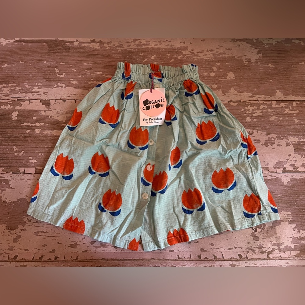 Bobo Choses chocolate flowers blue tulip skirt red play crop top outfit set 4/5 - Picture 5 of 6
